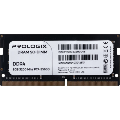 Модуль пам'яті для ноутбука SoDIMM DDR4 8GB 3200 MHz Prologix (PRO8GB3200D4S) (U0929895)