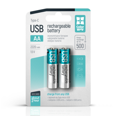 Аккумулятор ColorWay AA USB-С 2220 mAh 1.5V (2шт) (Li-Polymer) (CW-UBAA-10) (U0949529)